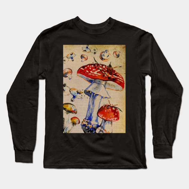 Fly agaric amanita muscara mushroom vintage dictionary print design Long Sleeve T-Shirt by madhatdesigns